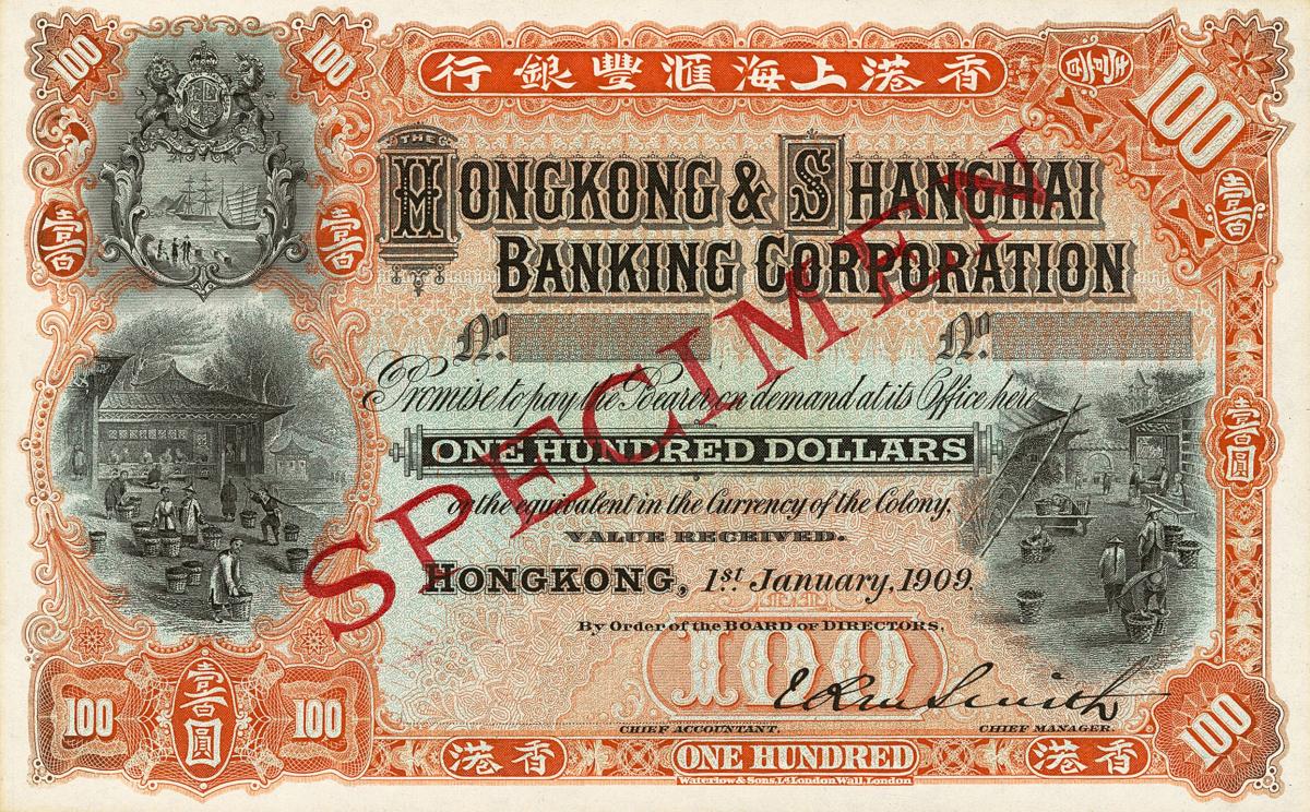 Front of Hong Kong p163s: 100 Dollars from 1906