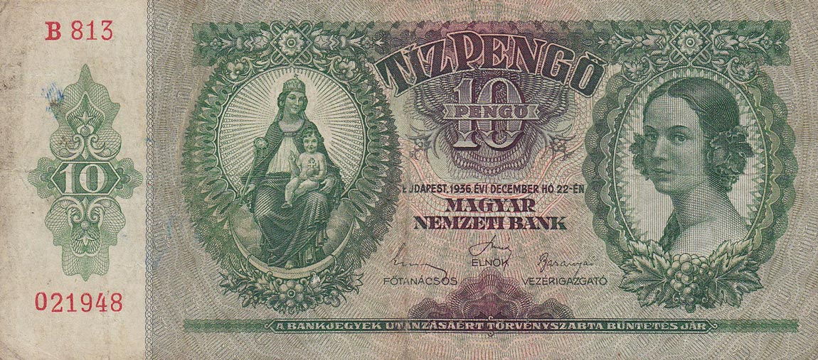 Front of Hungary p100: 10 Pengo from 1936