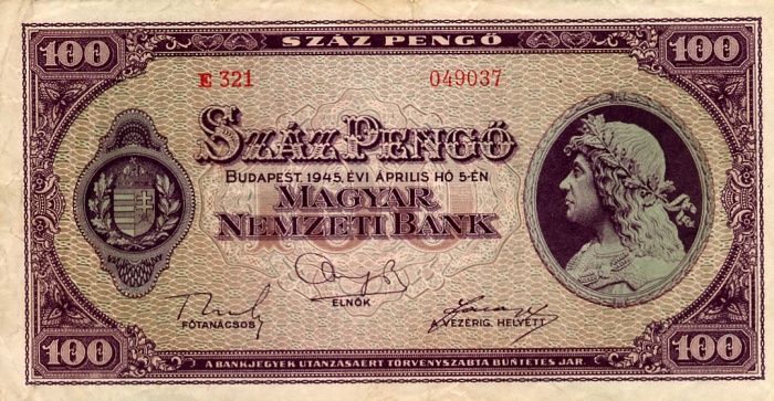 Front of Hungary p111b: 100 Pengo from 1945