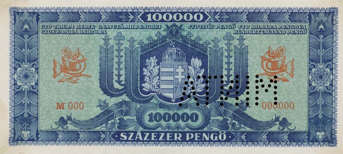 Back of Hungary p120s: 100000 Pengo from 1945