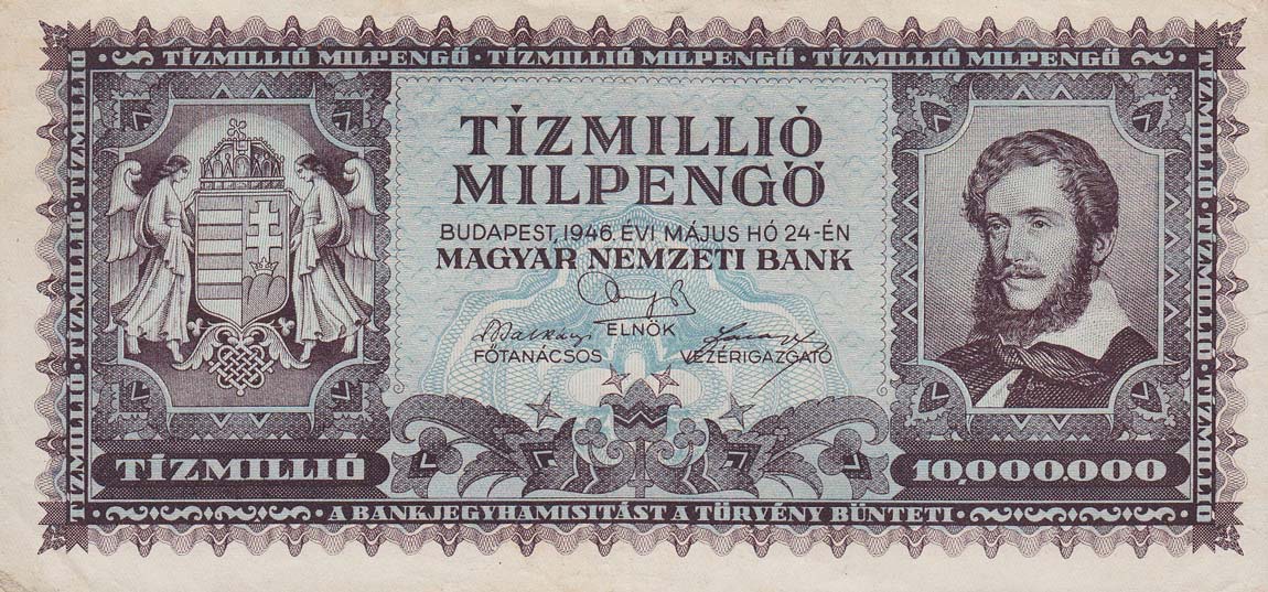 Front of Hungary p129a: 10000000 Milpengo from 1946
