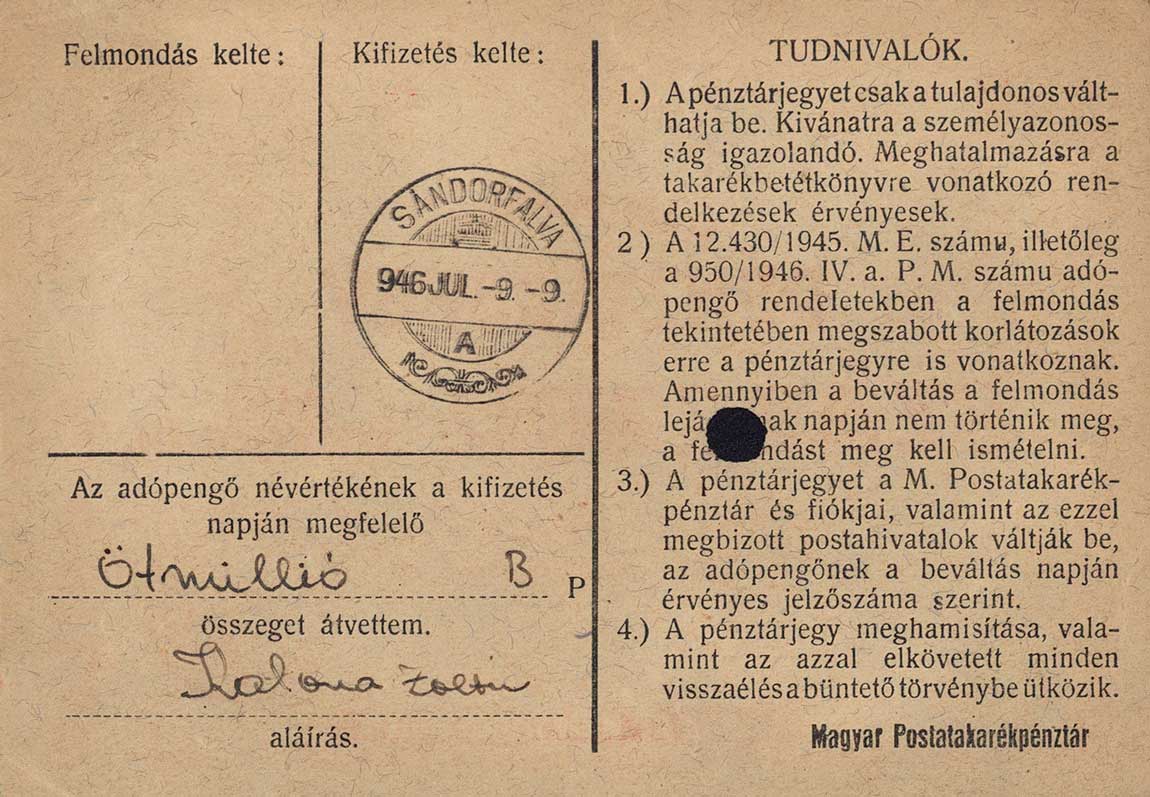 Back of Hungary p150: 100000 Adopengo from 1946