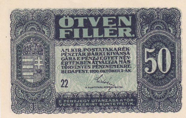 Front of Hungary p44: 50 Filler from 1920