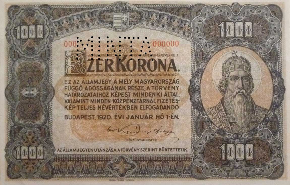 Front of Hungary p66s: 1000 Korona from 1920