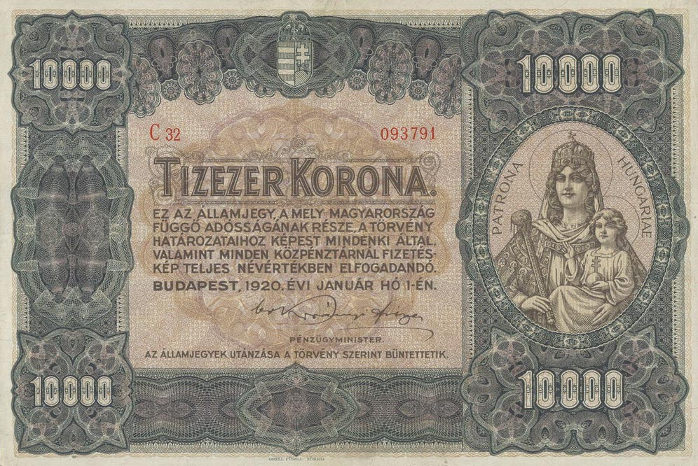 RealBanknotes Hungary P68a 10000 Korona From 1920 realbanknotes-hungary-p68a-10000-korona-from-1920