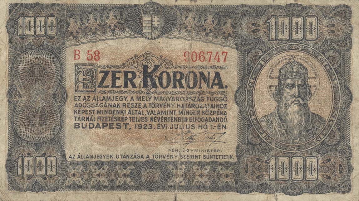 RealBanknotes Hungary P75b 1000 Korona From 1923 realbanknotes-hungary-p75b-1000-korona-from-1923