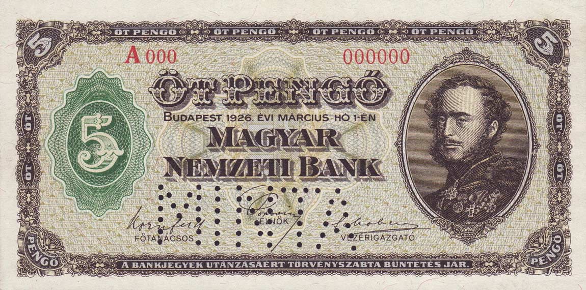 Front of Hungary p89s: 5 Pengo from 1926