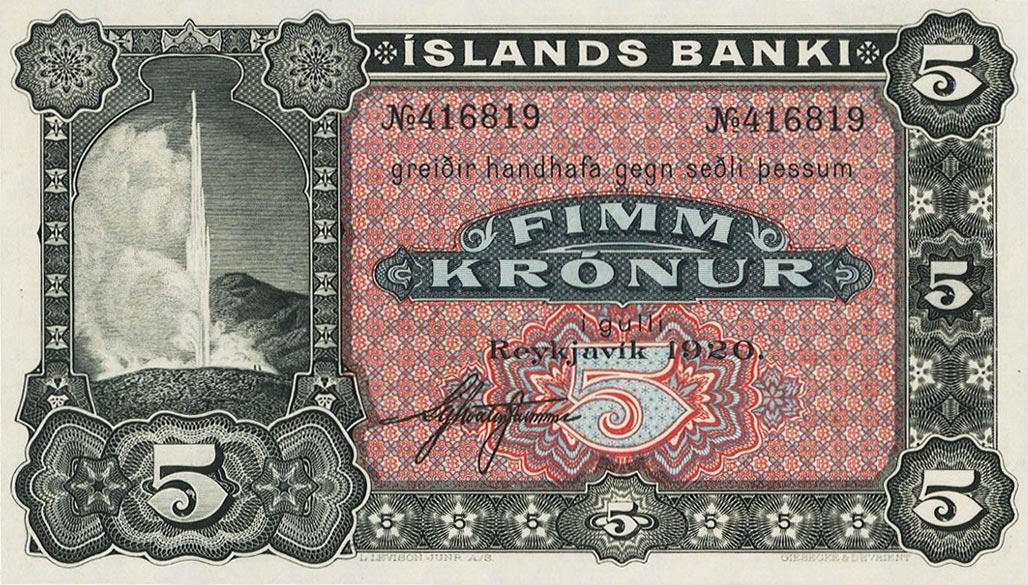 Front of Iceland p15a: 5 Kronur from 1920