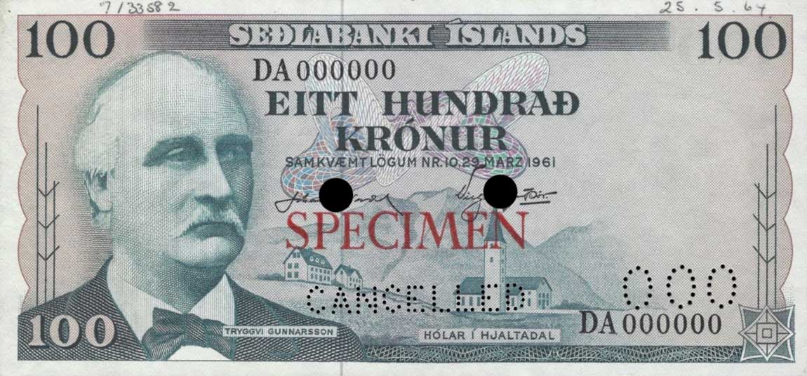 Front of Iceland p44s: 100 Kronur from 1961