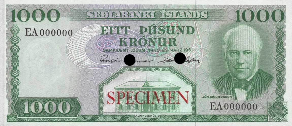 Front of Iceland p46ct: 1000 Kronur from 1961