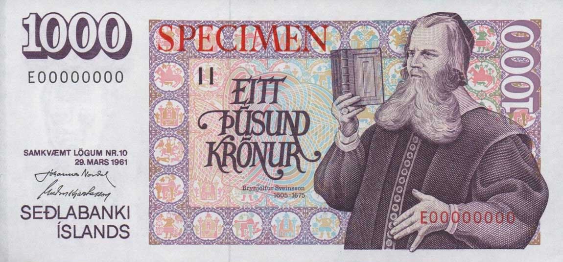 Front of Iceland p52s: 1000 Kronur from 1984