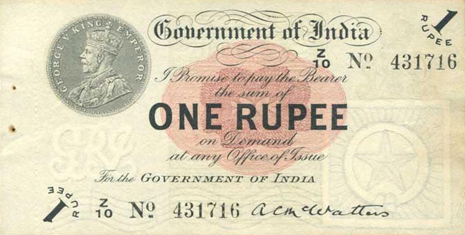 Front of India p1e: 1 Rupee from 1917