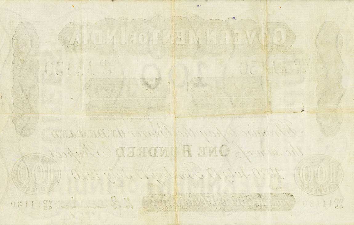 Back of India pA17d: 100 Rupees from 1920