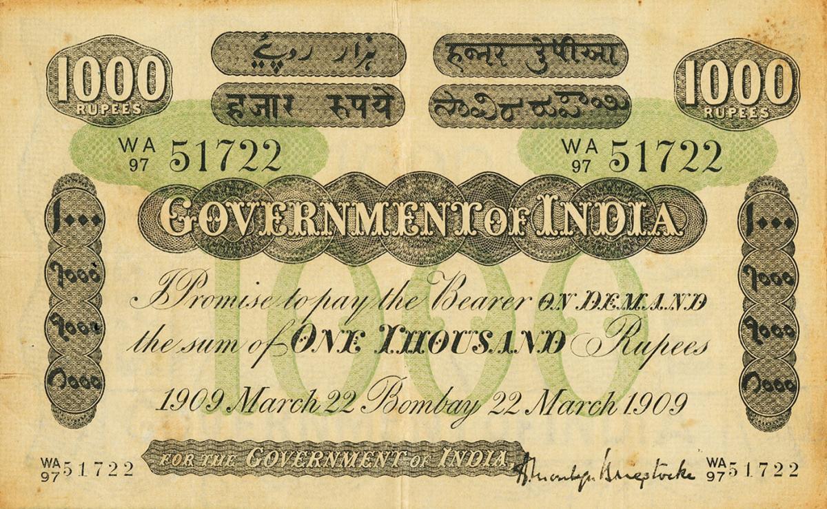 Front of India pA19Aa: 1000 Rupees from 1909