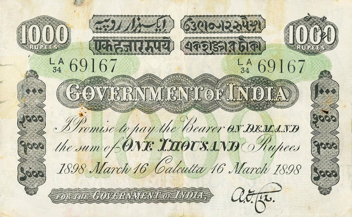 Front of India pA19b: 1000 Rupees from 1867
