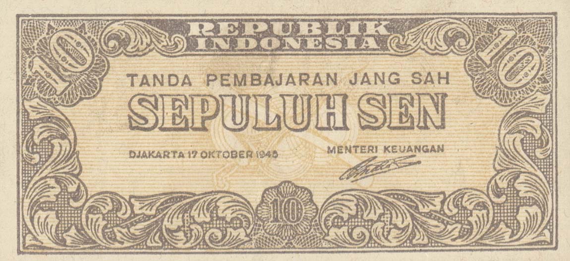 Front of Indonesia p15b: 10 Sen from 1945
