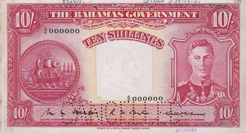 Front of Bahamas p10s: 10 Shillings from 1936
