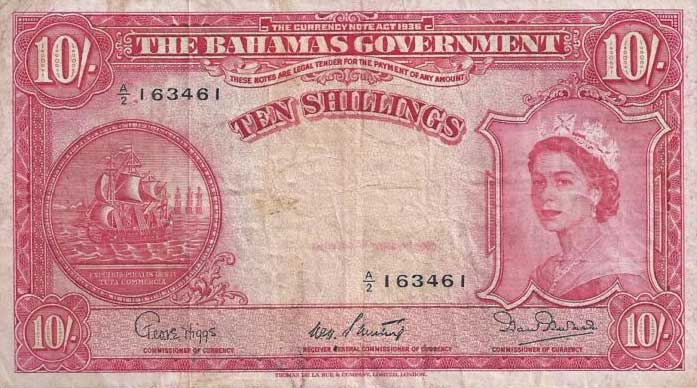 Front of Bahamas p14b: 10 Shillings from 1953