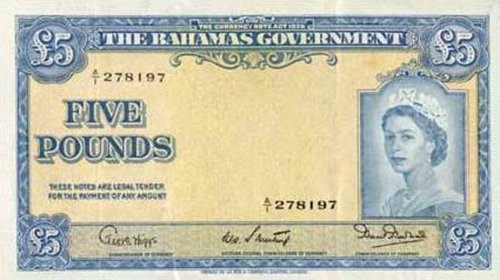 Front of Bahamas p16a: 5 Pounds from 1953