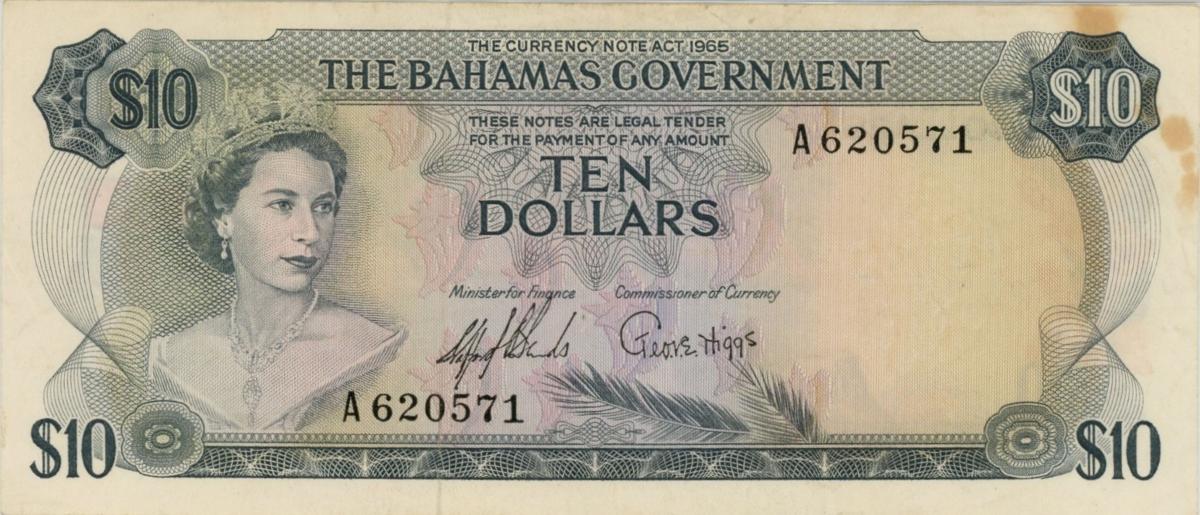 Front of Bahamas p22a: 10 Dollars from 1965