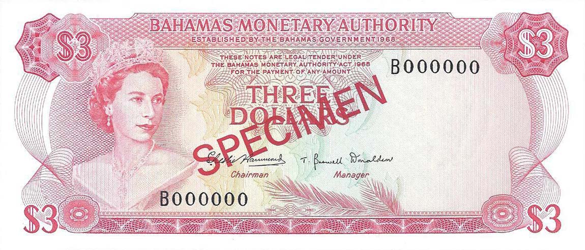 Front of Bahamas p28s: 3 Dollars from 1968