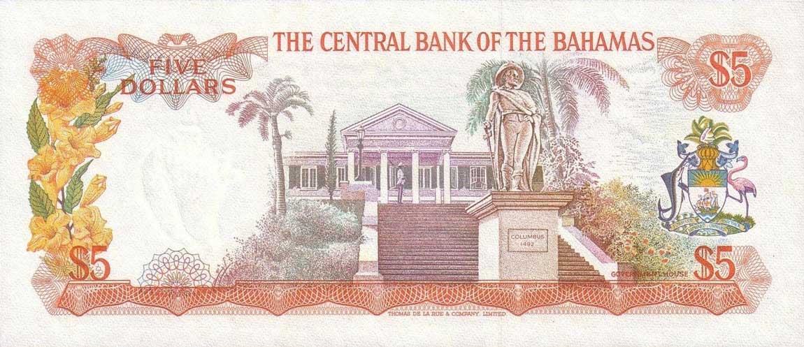 Back of Bahamas p37b: 5 Dollars from 1974