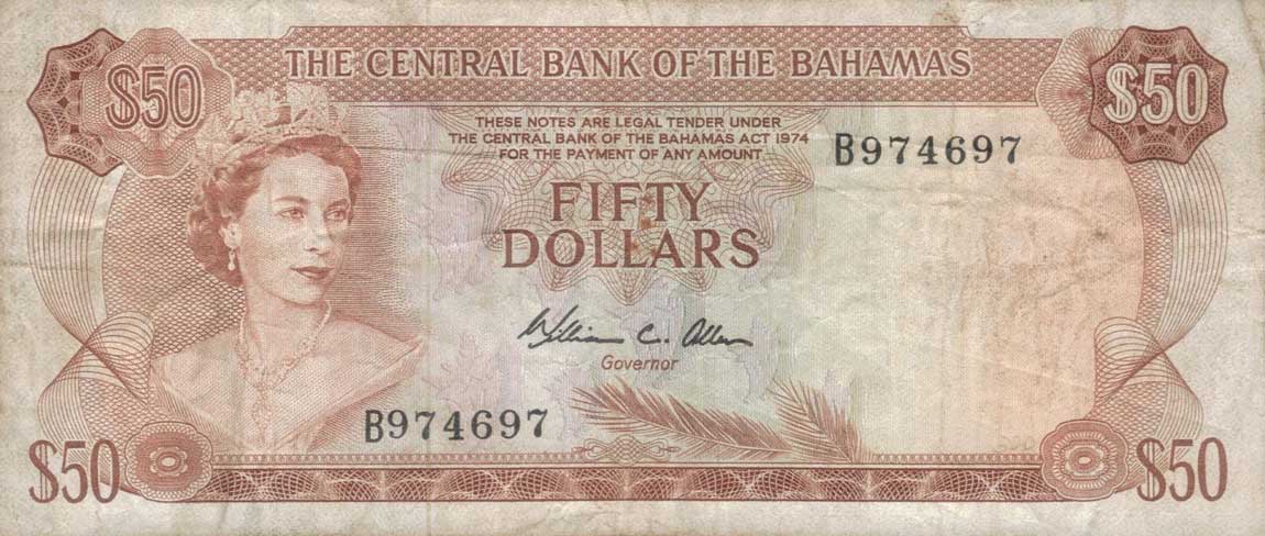Front of Bahamas p40b: 50 Dollars from 1974