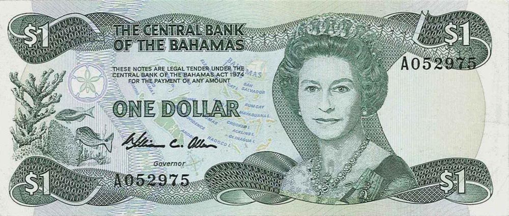 Front of Bahamas p43a: 1 Dollar from 1974