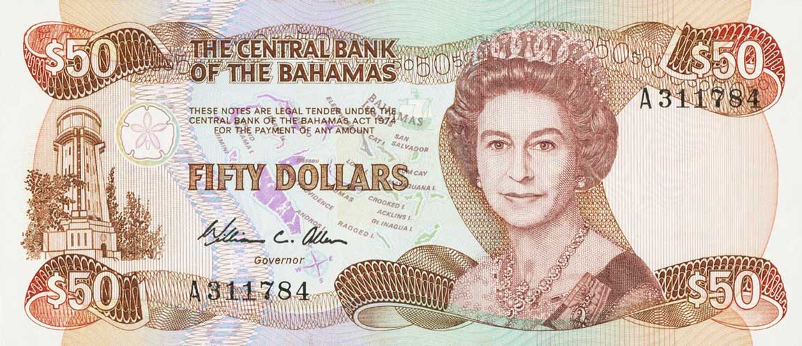 Front of Bahamas p48a: 50 Dollars from 1974