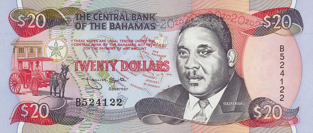 Front of Bahamas p54a: 20 Dollars from 1974