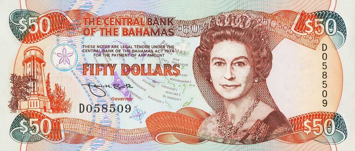 Front of Bahamas p55a: 50 Dollars from 1974