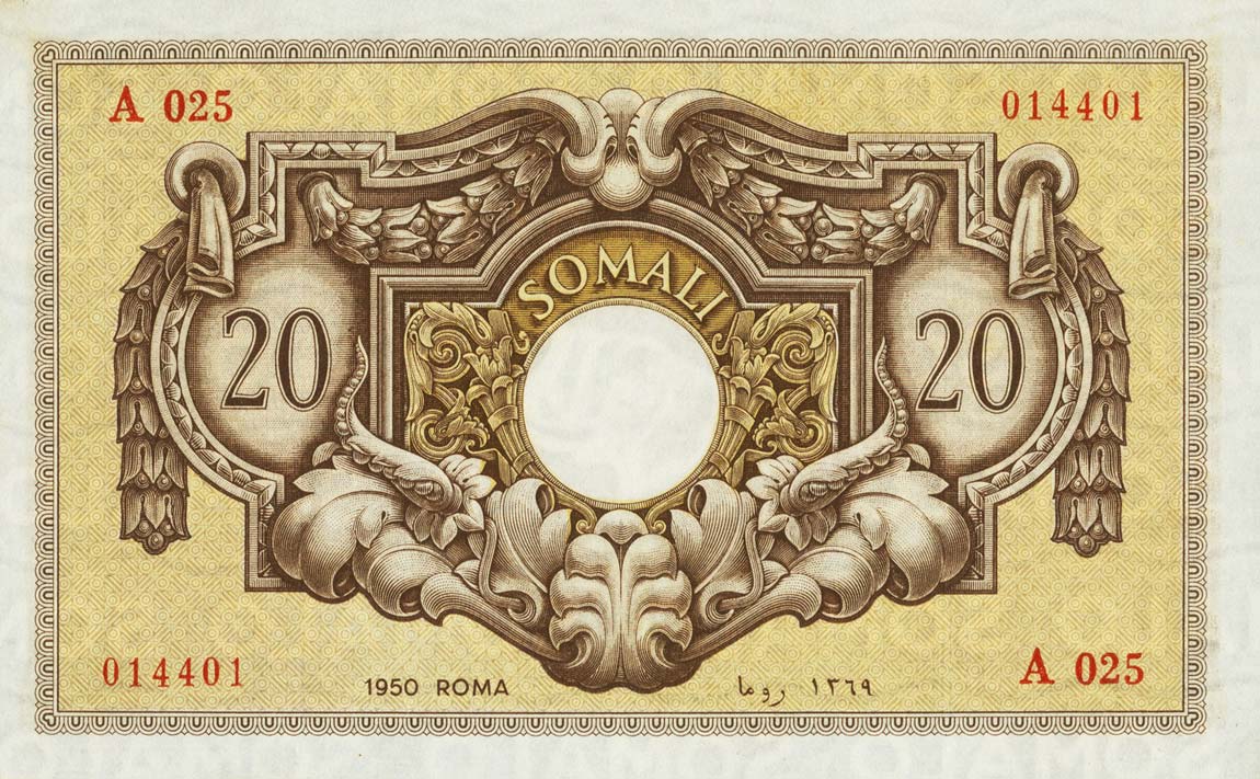 Back of Italian Somaliland p14a: 20 Somali from 1950