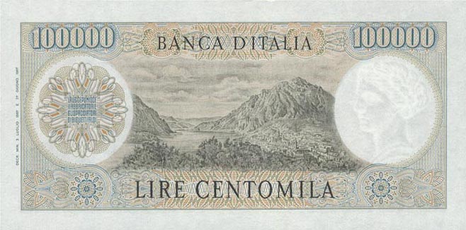 Back of Italy p100a: 100000 Lire from 1967