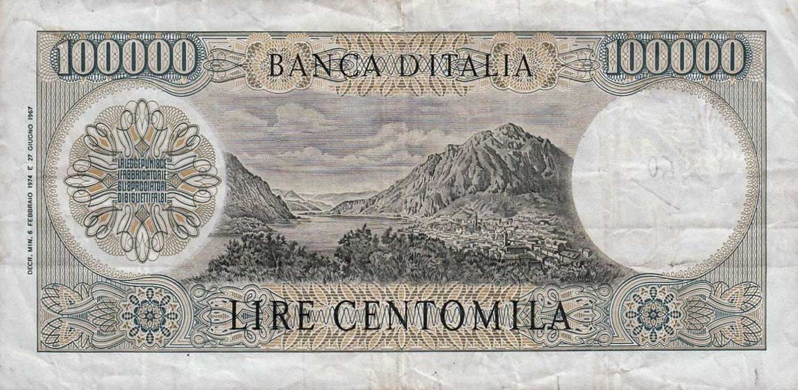 Back of Italy p100c: 100000 Lire from 1974
