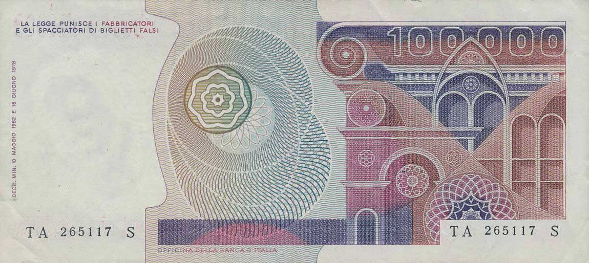 Back of Italy p108c: 100000 Lire from 1982