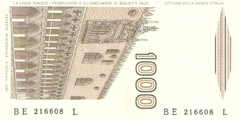 Back of Italy p109b: 1000 Lire from 1982