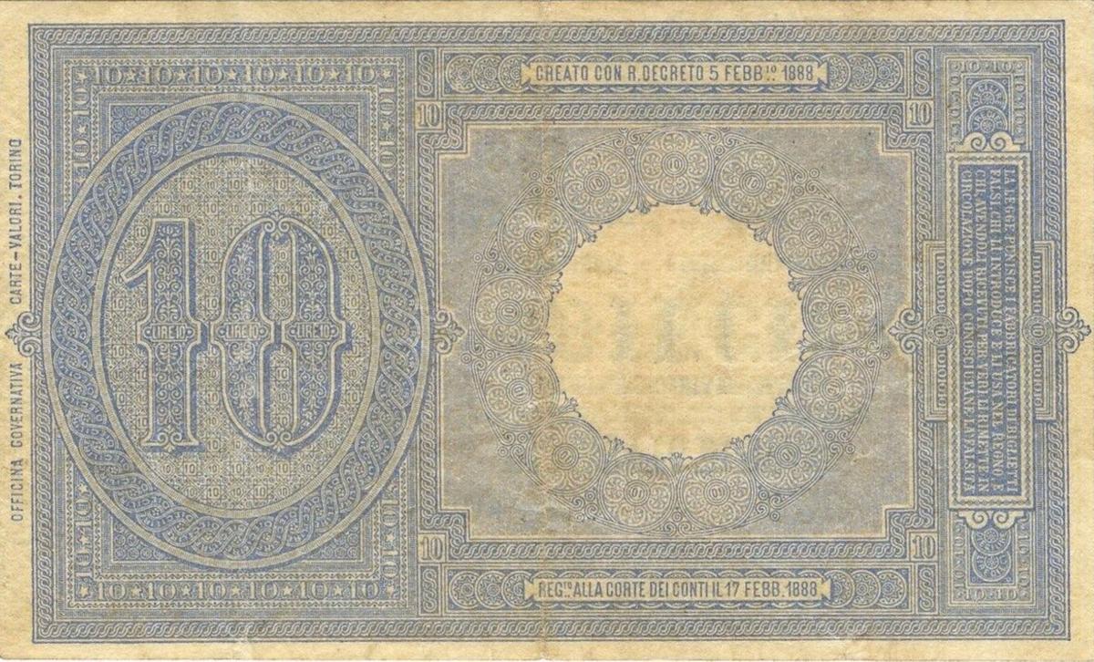 Back of Italy p20a: 10 Lire from 1888