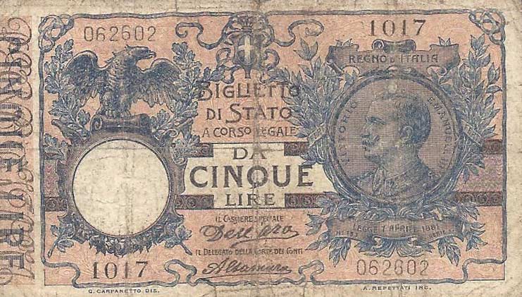 Front of Italy p23b: 5 Lire from 1904