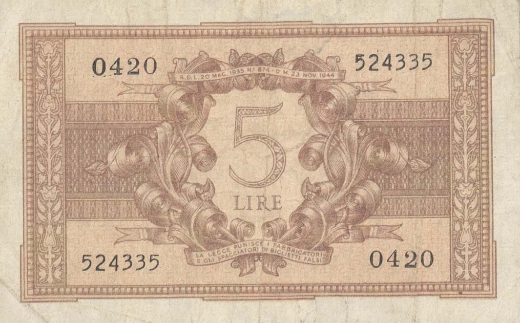 Back of Italy p31b: 5 Lire from 1944