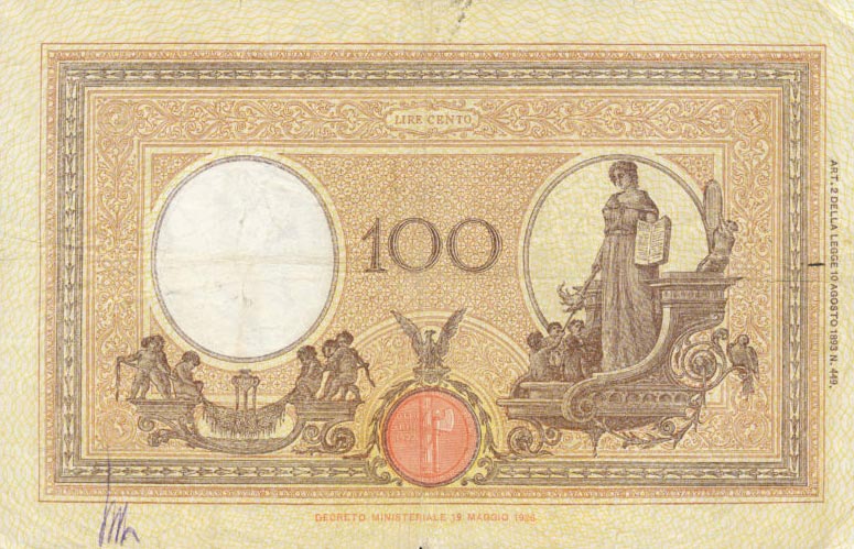 Back of Italy p50c: 100 Lire from 1931