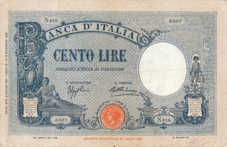 Front of Italy p50c: 100 Lire from 1931