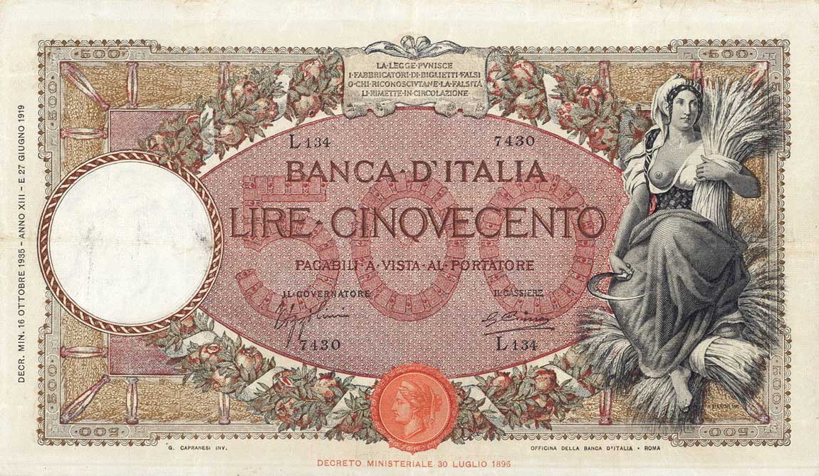 Front of Italy p51c: 500 Lire from 1932