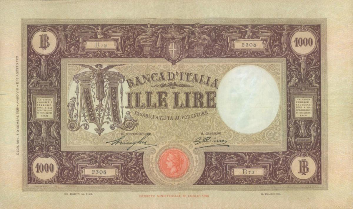 Front of Italy p52b: 1000 Lire from 1929