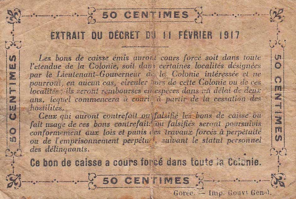 Back of Ivory Coast p1c: 0.5 Franc from 1917