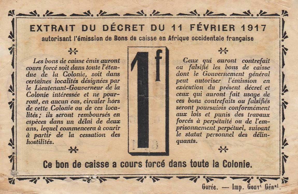 Back of Ivory Coast p2b: 1 Franc from 1917