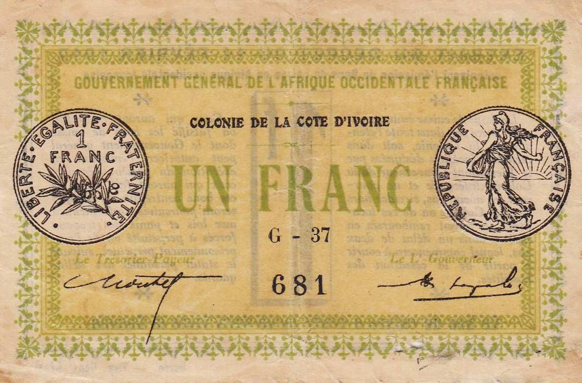 Front of Ivory Coast p2b: 1 Franc from 1917