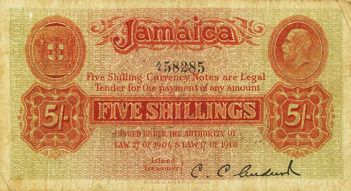 Front of Jamaica p28a: 5 Shillings from 1904