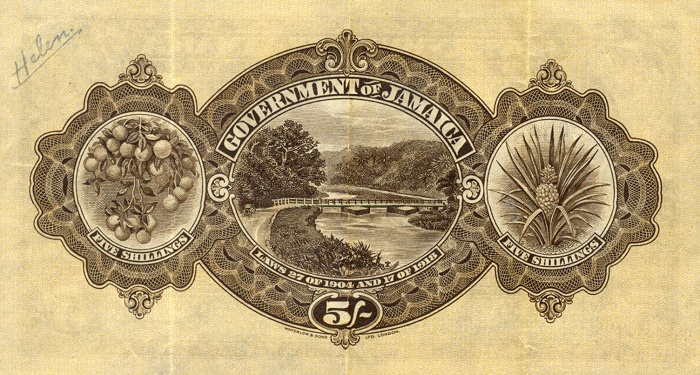 Back of Jamaica p32a: 5 Shillings from 1904