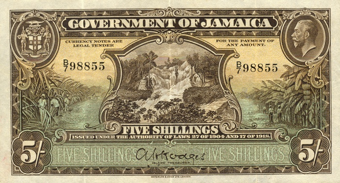 Front of Jamaica p32a: 5 Shillings from 1904