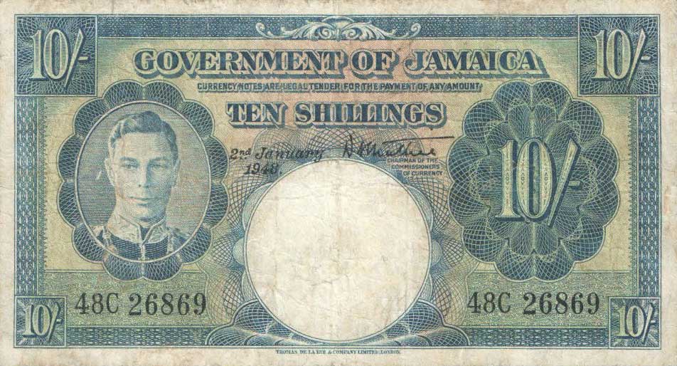 Front of Jamaica p38d: 10 Shillings from 1948